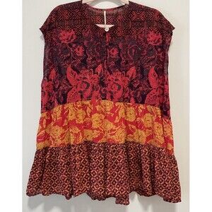 Free People Gotta Have You Red Floral Print Tiered Ruffle Tunic Mini Size M Boho